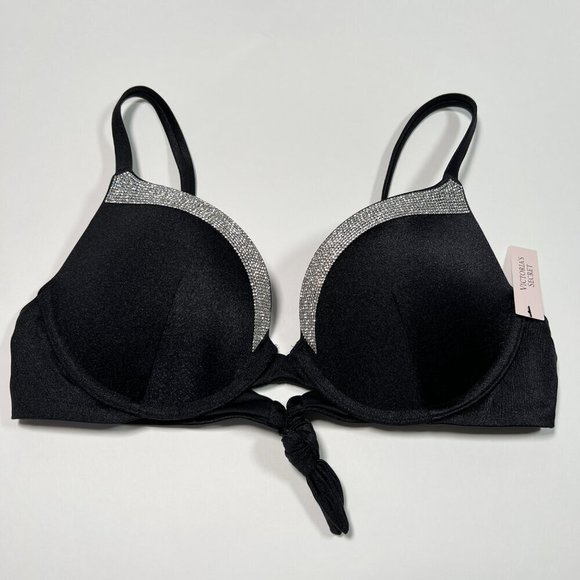Victoria Secret 38C L VERY SEXY Push Up Bikini Top Bottom Set Shine Strap Black - Picture 6 of 9